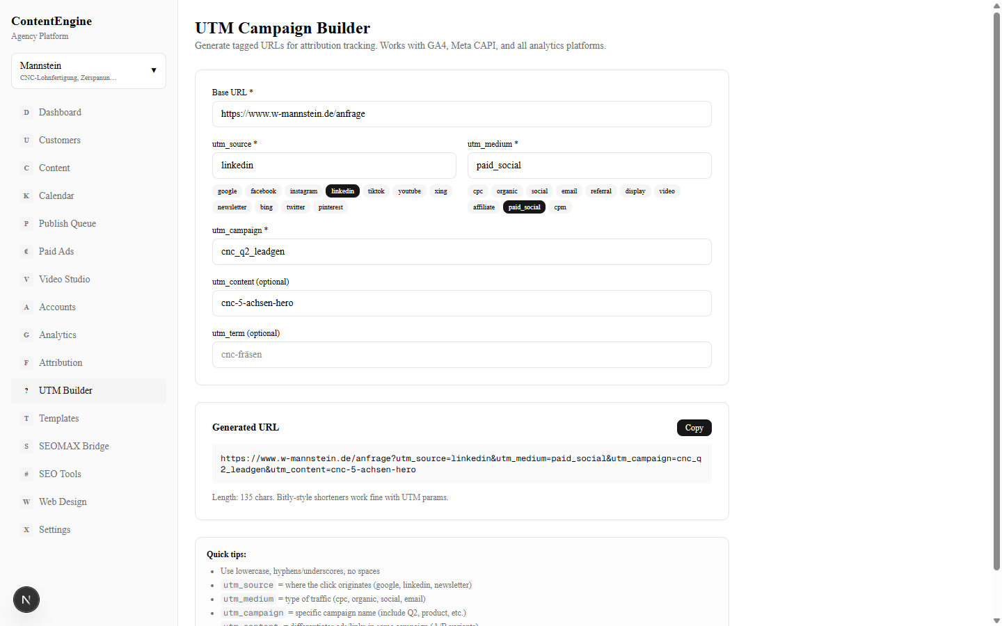 ContentEngine UTM Campaign Builder screen — left sidebar shows the agency platform's modules (Dashboard, Customers, Content, Calendar, Publish Queue, Paid Ads, Video Studio, Analytics, Attribution, UTM Builder, SEOMAX Bridge, SEO Tools), right pane is a sample tagged URL composition with the generated link below.