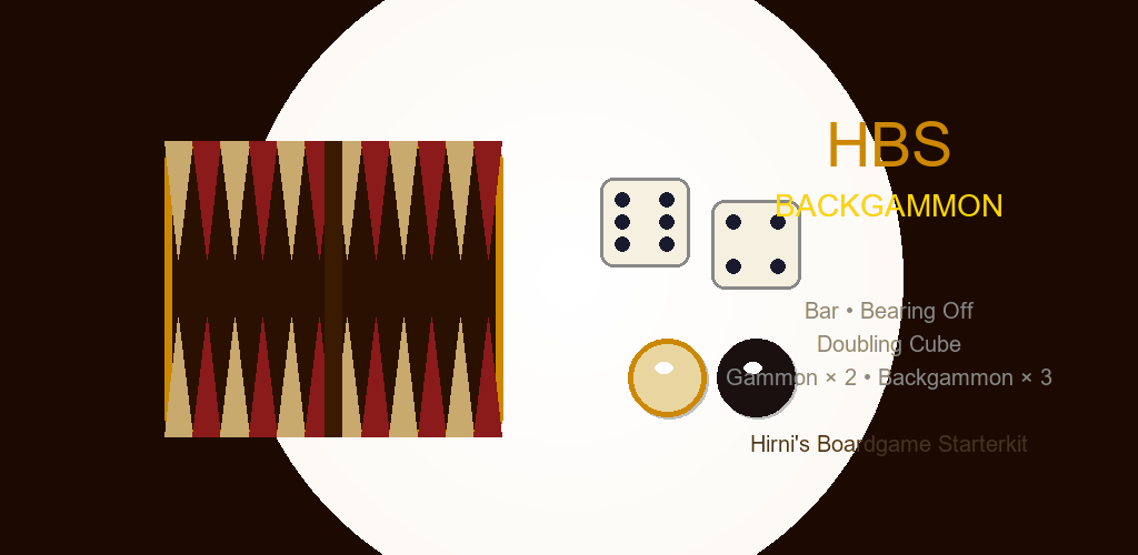 HBS Backgammon Play Store feature graphic — mahogany and gold board with stacked checkers, the studio's identity palette for the third game in the HBS series.
