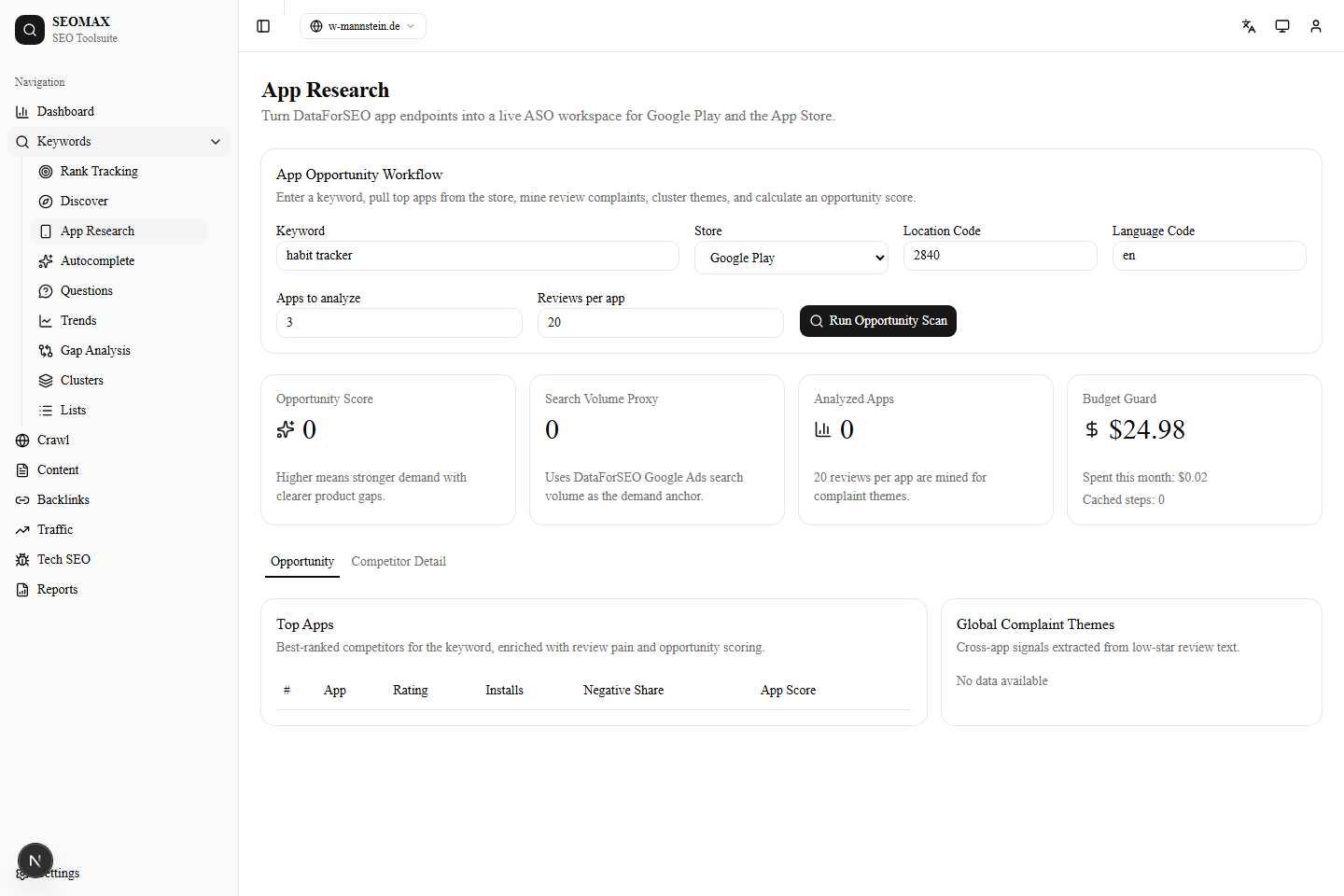 SEOMAX SEO Toolsuite App Research screen — left sidebar shows all 7 modules (Dashboard, Keywords expanded into Rank Tracking / Discover / App Research / Autocomplete / Questions / Trends / Gap Analysis / Clusters / Lists, plus Crawl / Content / Backlinks / Traffic / Tech SEO / Reports). Active page is the App Opportunity Workflow turning DataForSEO app endpoints into a live ASO workspace.